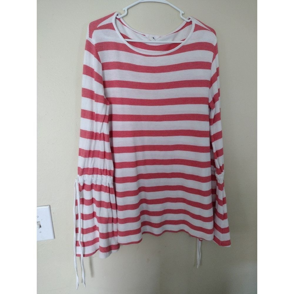 Caslon‎ Coral White Stripe Bell Sleeve Drawstring Casual Top Women's Size M